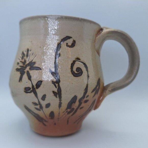 Clay Pottery Tea Coffee Mug Cup Art 4 Inch Brown Earth Handmade Folk Floral - Picture 1 of 8